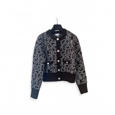 CHANEL LETTER JACQUARD CREW NECK KNIT CARDIGAN 